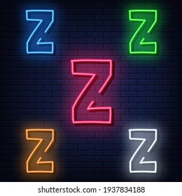 Neon letters, five colors: red, blue, green, yellow, white. Isolated font on a blue brick wall background. Vector illustration eps 10.