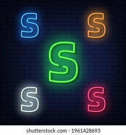 Neon letters, five colors: red, blue, green, yellow, white. Isolated font on a blue brick wall background. Vector illustration eps 10.