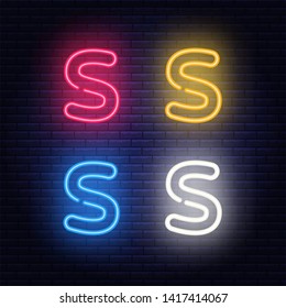 Neon letters, four colors red, yellow, blue, white, isolated font on dark blue brick wall background. Vector illustration eps 10.