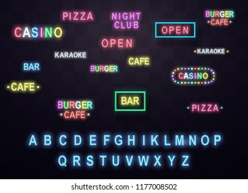Neon letters for nightclubs and casinos, karaoke and sushi bars, restaurants and fast foods, beautiful glowing text. Light effect on a dark background. neon alphabet. vector illustrations.