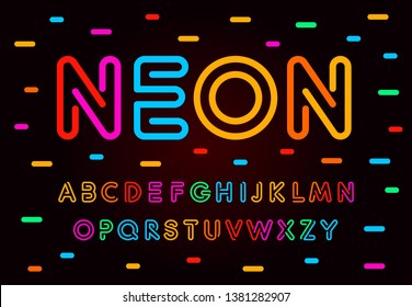 Neon letters, numbers and symbols set. Colored tube, colorul contour modern style abc, lines latin alphabet. Fonts for events, promotions, logos, banner and monogram. Vector Typography design.