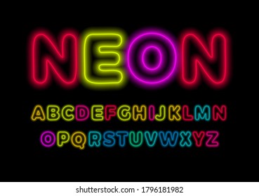 Letras de neón puestas. Fuente colorida brillante. Alfabeto latino vectorial con estilo de tubos luminosos. Fuente para evento, promoción, logotipo, banner, monograma y afiche. Diseño de tipos