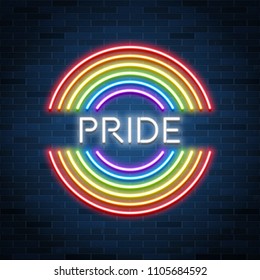 Neon LGBT Pride Sign, Glowing Rainbow, Gay Love Celebration, Vector Illustration