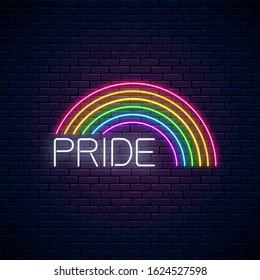 Neon LGBT rainbow with pride text. Pride sign design template, LGBT logo, bisexual, gay and transgender rights banner design in neon style. Glow vector illustration.