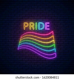 Neon LGBT waving flag with pride text. Pride sign design template, LGBT logo, bisexual, gay and transgender rights banner design in neon style. Glow vector illustration.