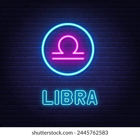 Neon Libra Sign on brick wall background.