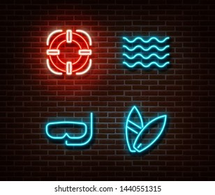 Neon Life buoy, water, diving mask, surfing board signs vector isolated on brick wall. Summertime light symbol, decoration effect. Neon relax activity illustration.