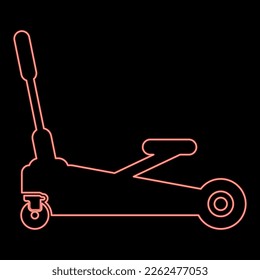 Neon lifting jack hydraulic car on wheels auto repair service red color vector illustration image flat style light