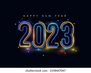 Neon Light 2023 Number Against Dark Blue Background For Happy New Year Concept.