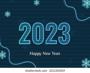 Neon Light 2023 Number With Snowflakes Decorated On Blue Stripe Pattern Background For Happy New Year Concept.