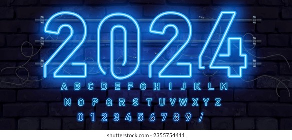 Neon Light 2024 Number Against Dark Blue Background For Happy New Year Concept.