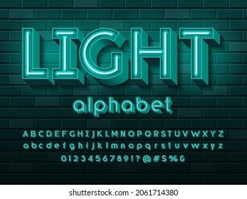 Neon light 3D alphabet design with uppercase, lowercase, numbers and symbols