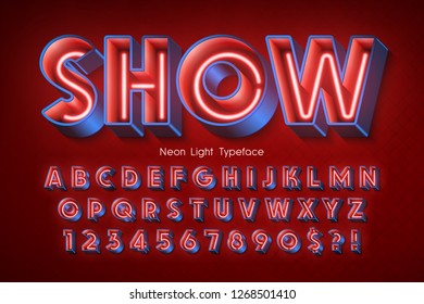Neon light 3d alphabet, extra glowing font. Swatch color control.