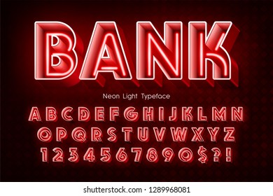 Neon light 3d alphabet, extra glowing font. Swatch color control.