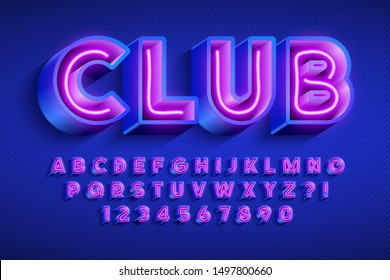 Neon light 3d alphabet, extra glowing font. Swatch color control.
