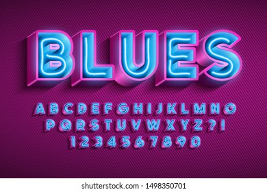 Neon light 3d alphabet, extra glowing font. Swatch color control.