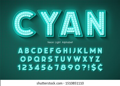 Neon light 3d alphabet, extra glowing font. Swatch color control.