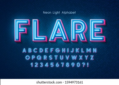 Neon light 3d alphabet, extra glowing font. Swatch color control.