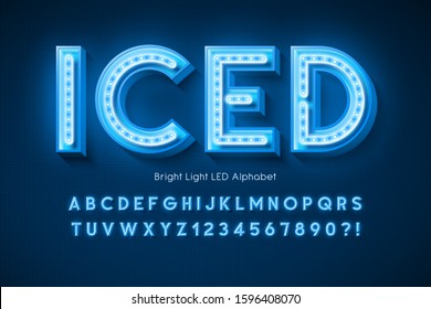 Neon light 3d alphabet, extra glowing modern font. Swatch color control.