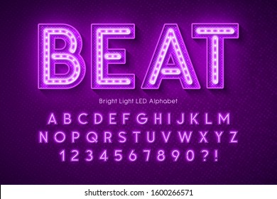 Neon light 3d alphabet, extra glowing modern font. Swatch color control.
