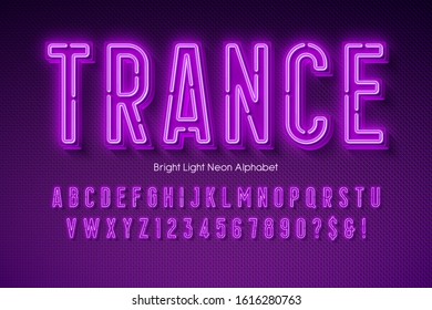 Neon light 3d alphabet, extra glowing modern font. Swatch color control.