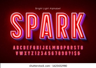 Neon light 3d alphabet, extra glowing modern type. Swatch color control.