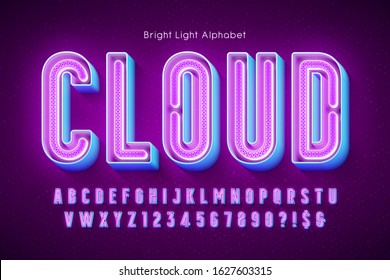 Neon light 3d alphabet, extra glowing modern type. Swatch color control.