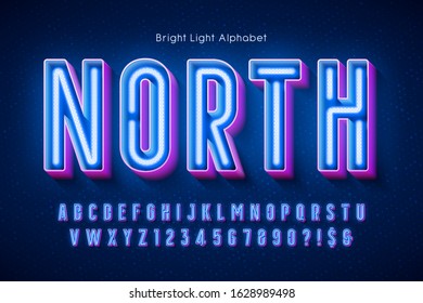 Neon light 3d alphabet, extra glowing modern type. Swatch color control.