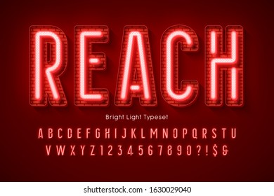Neon light 3d alphabet, extra glowing modern type. Swatch color control.