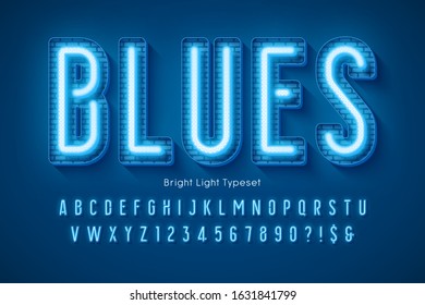 Neon light 3d alphabet, extra glowing modern type. Swatch color control.
