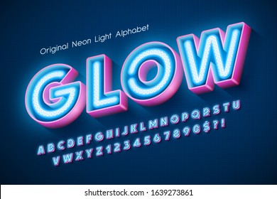 Neon light 3d alphabet, extra glowing modern type. Swatch color control. 13 degree skew