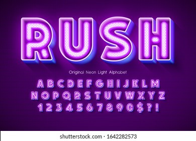 Neon light 3d alphabet, extra glowing modern type. Swatch color control.