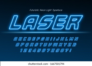 Neon light 3d alphabet, extra glowing modern type. Swatch color control. 20 degree skew