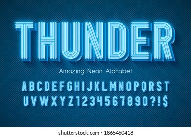 Neon light 3d alphabet, extra glowing modern type. Swatch color control.