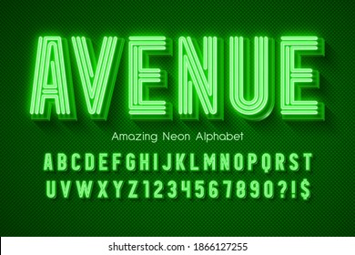 Neon light 3d alphabet, extra glowing modern type. Swatch color control.