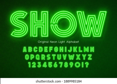 Neon light 3d alphabet, extra glowing modern type. Swatch color control.