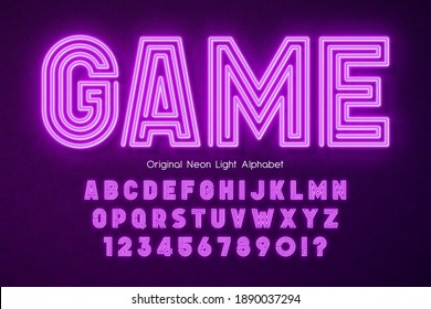 Neon light 3d alphabet, extra glowing modern type. Swatch color control.