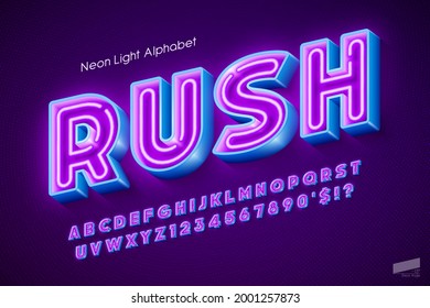 Neon light 3d alphabet, extra glowing origainal type. Swatch color control.