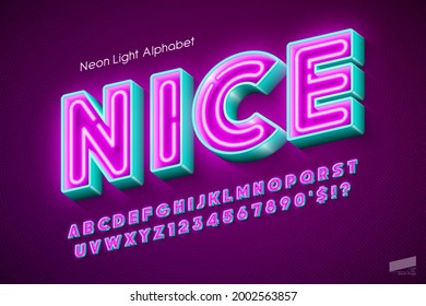 Neon light 3d alphabet, extra glowing origainal type. Swatch color control.