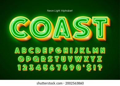 Neon light 3d alphabet, extra glowing origainal type. Swatch color control.