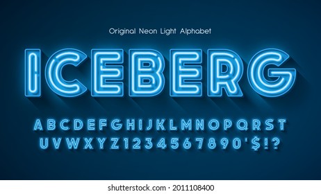 Neon light 3d alphabet, extra glowing origainal type. Swatch color control