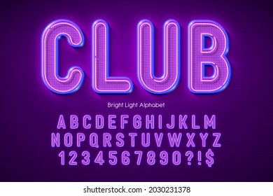 Neon light 3d alphabet, extra glowing origainal type. Swatch color control.