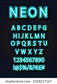 Neon light 3d alphabet, extra glowing font. Exclusive swatch color control.