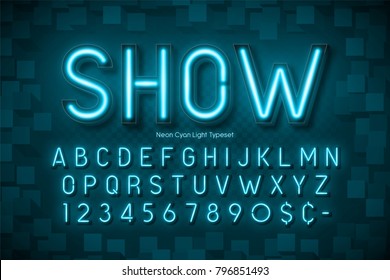 Neon light 3d alphabet, extra glowing font. Exclusive swatch color control.