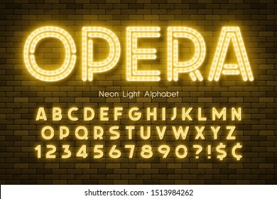 Neon light 3d alphabet, led extra glowing font. Swatch color control.