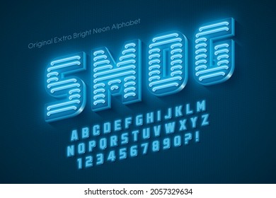 Neon light 3d alphabet, retro-futuristic origainal type. Swatch color control. 13 degree skew