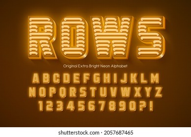 Neon light 3d alphabet, retro-futuristic origainal type. Swatch color control.