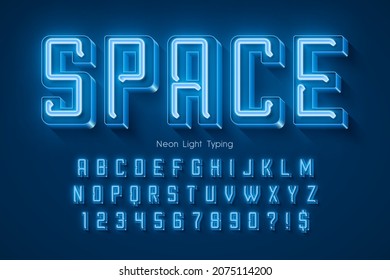 Neon light 3d alphabet, retro-futuristic origainal type. Swatch color control.