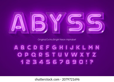 Neon light 3d alphabet, retro-futuristic origainal type. Swatch color control.