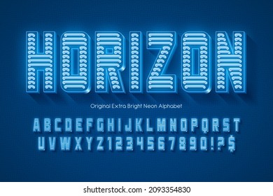 Neon light 3d alphabet, retro-futuristic origainal type. Swatch color control.